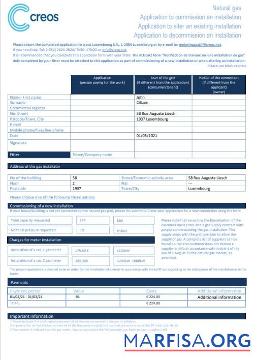 Downloadable Luxembourg Creos gas utility bill template in Word and PDF format